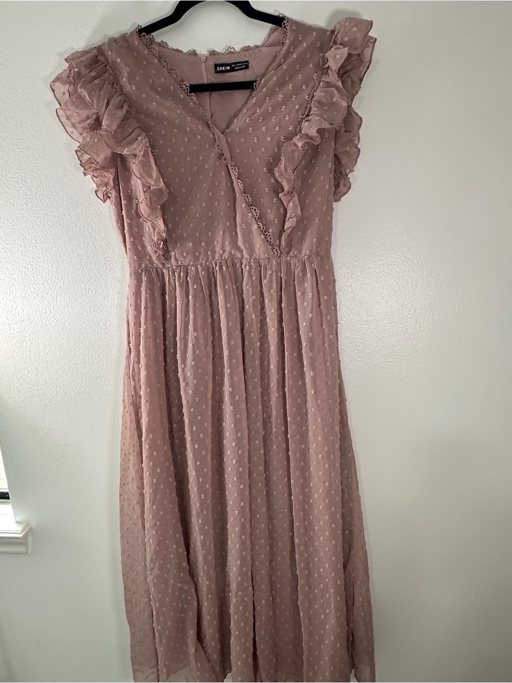 SHEIN Swiss Dot Ruffle Maxi Dress Pink Lace Flutter Sleeve Women Large - Picture 2 of 6